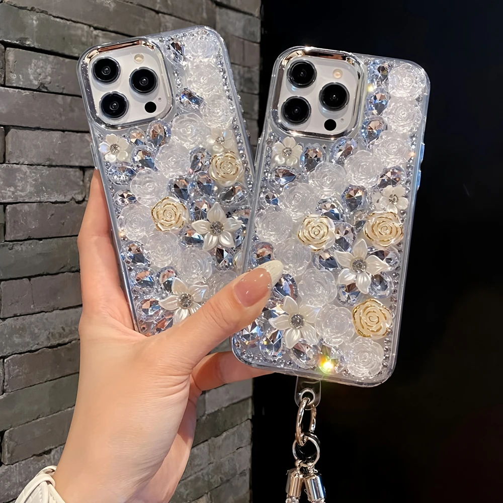 Con cordino di lusso 3D camelia strass Bling cassa del telefono per XiaoMi RedMi Note 14 Pro Plus 14S 13 12 Turbo 4G 5G copertura