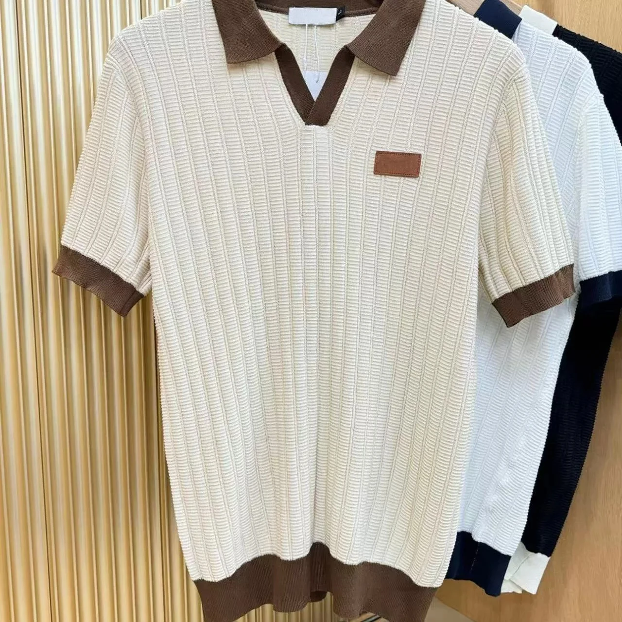 Italian bc old money style knitted short-sleeved chest leather men's lapel contrasting color buckle-free POLO shirt