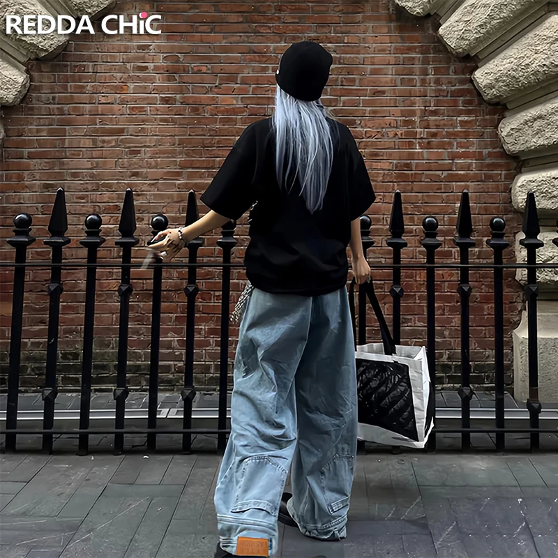 

REDDACHiC Women Straight Wide Leg Jeans Going Out Hiphop Solid Distressed High Rise Upside Down Denim Cargo Pants Retro Clothing