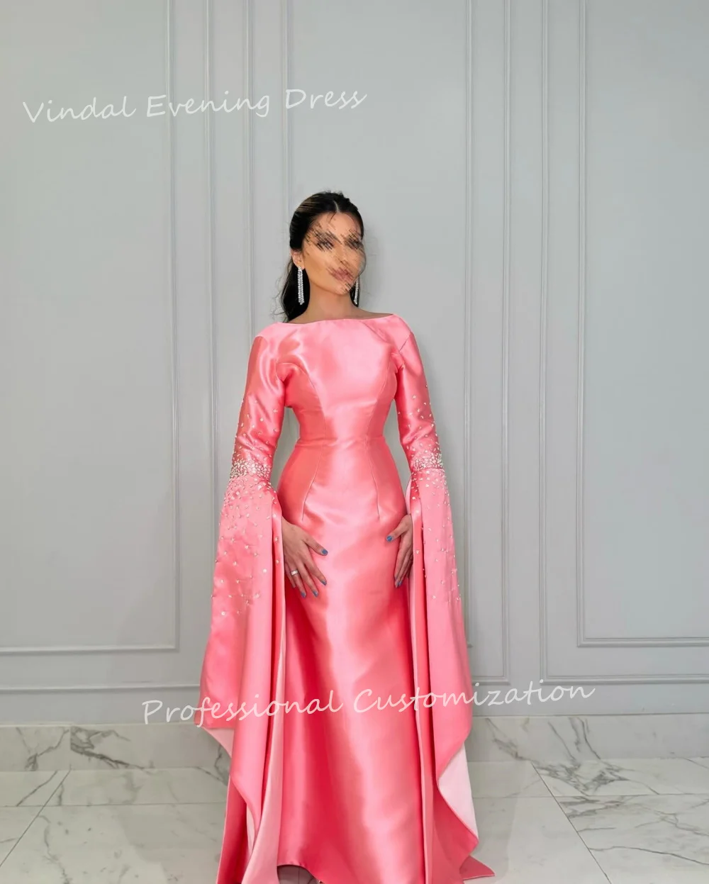 Vindal Evening dresses Satin Mermaid Beading O-Neck    Full-Sleeve Floor-Length Morden-Style High-Quality  السعود For Woman 2024