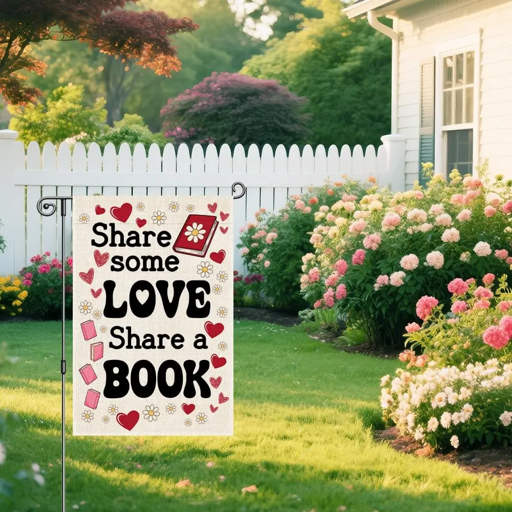 Share Some Love Share a Book Funny Garden Flag, Little Free Library Banner, Valentines Day Librarian Gifts for Readers Books GGO view 4