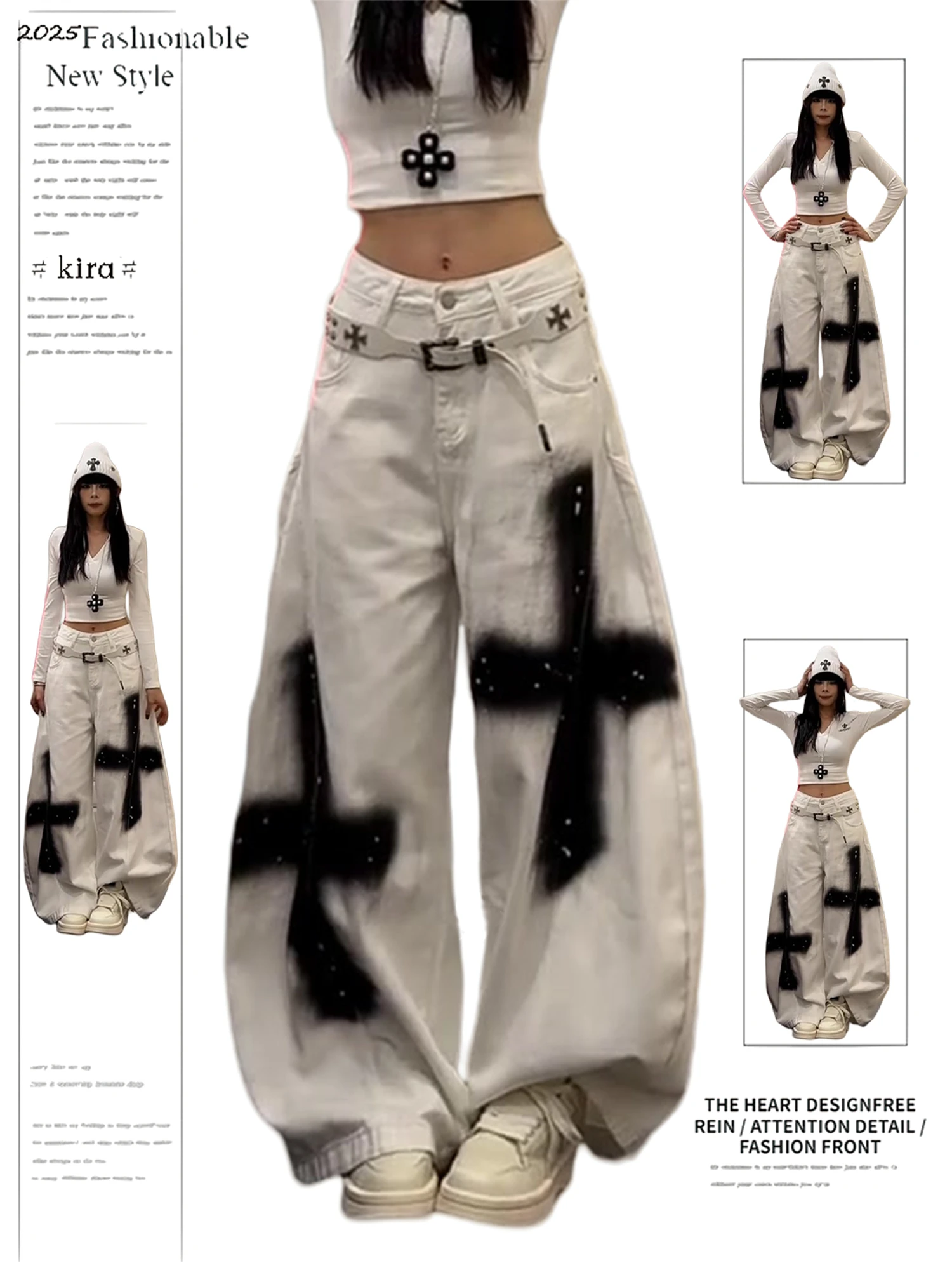 

Y2K Women's High Waist Super Wide Leg White Jeans Black Cross Graffiti Studded Gothic Streetwear Trendy Denim Trousers