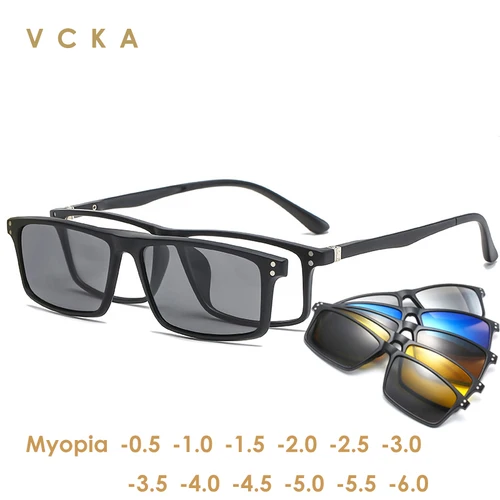 VCKA-gafas de sol magnéticas para miopía para hombre y mujer, lentes con Clip polarizado 5 en 1, lentes cuadradas ultraligeras con visión nocturna, 0,5 TO -10