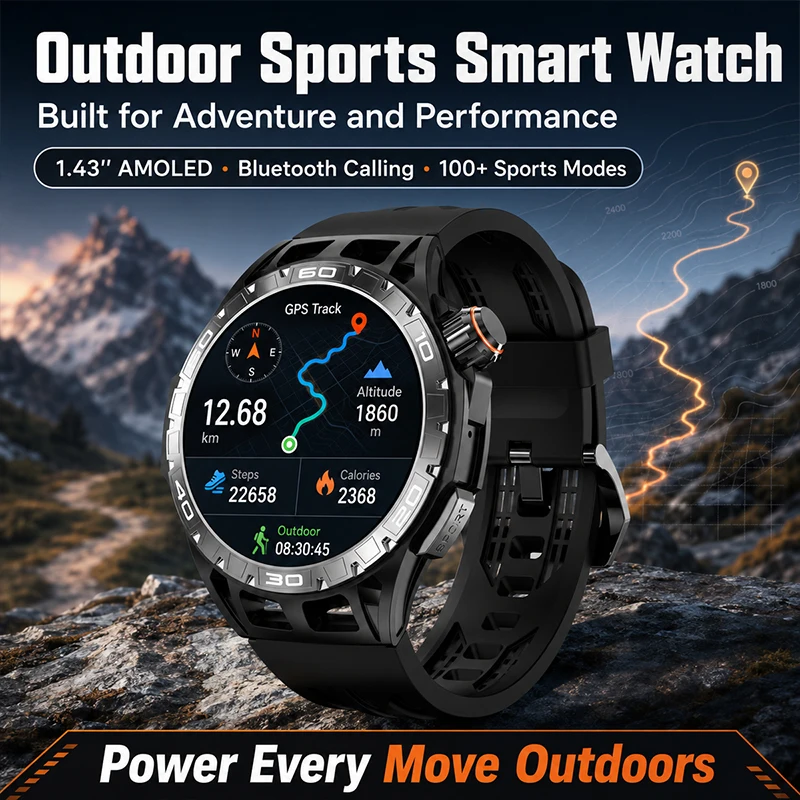 2026 New Outdoor Sports Smart Watch 1.43 "AMOLED With Heart Rate Health Monitoring BT Call IP68 Waterproof GPS Sports Smartwatch