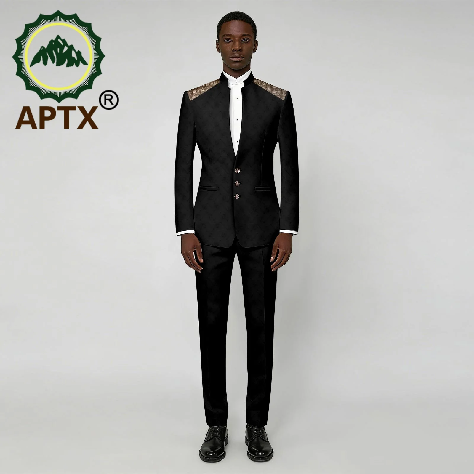 African Men Stand Collar Jacquard Suit 2 Pieces Shoulder Patch Slim Fit Blazer Pants Formal Wedding Party Tuxedo Set 2616053