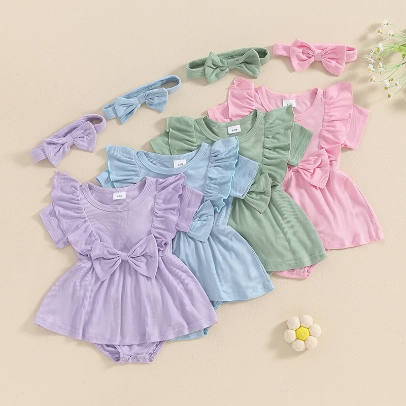 Infant Baby Girl Romper Dress Solid Color Ribbed Ruffled Short Sleeve Round Neck Jumpsuit with Bow Headband Outfits Clothes