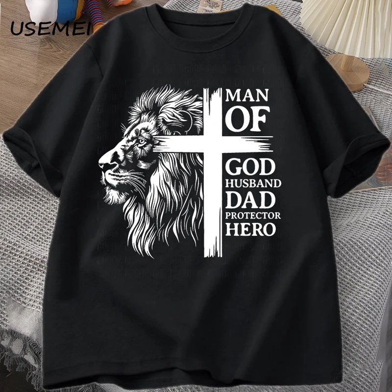 Man of God Husband Dad Protector Hero T Shirt Men Lion Cross Jesus God T-shirt Summer Cotton Casual Short Sleeve Tshirts Male