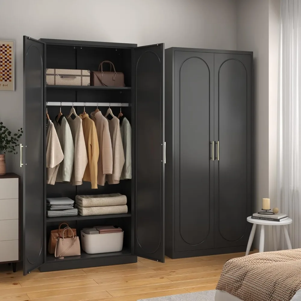 

Metal Armoire Wardrobe Closet with Hanging Rod, 71" Tall Wardrobe Cabinet with Doors and Adjustable Shelves，Black Clothing Stora
