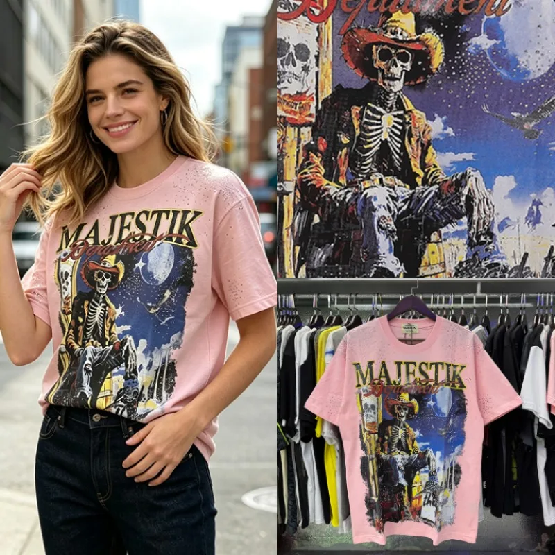 2026 New Majestik Unisex Streetwear Short Sleeve Tee Vintage Skeleton Cowboy Sleeve Rhinestone Decor Casual Top