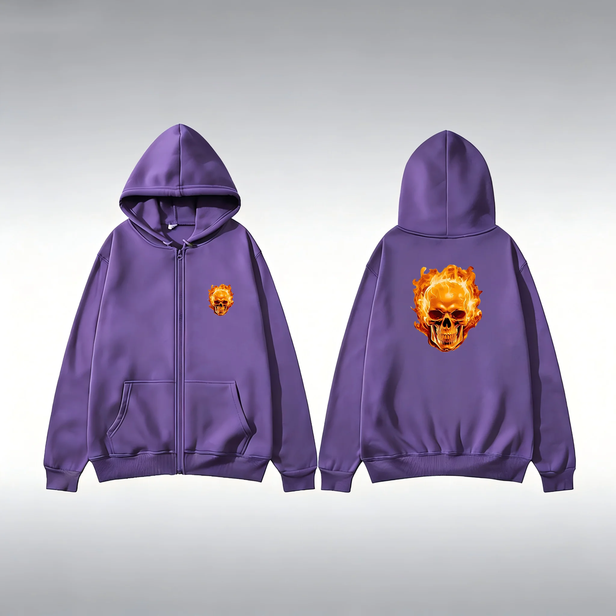 

New Spring/Autumn Men's Flame Skull Print Long Sleeve Hoodie Sweatshirt Jacket with Zipper - Ideal for Cool Days & Male Fashion