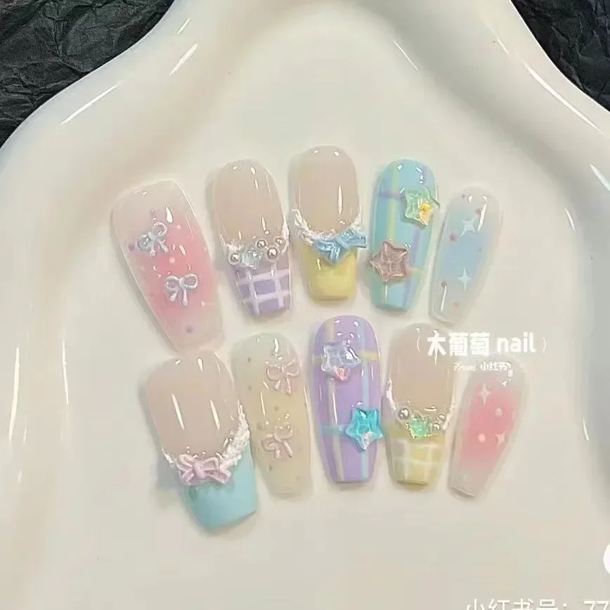 10Pcs French Handmade Press on Nails Candy Color Fake Nails Wearable Stick-on Nails False Nail Uñas Postizas Накладные Ногти 네일팁