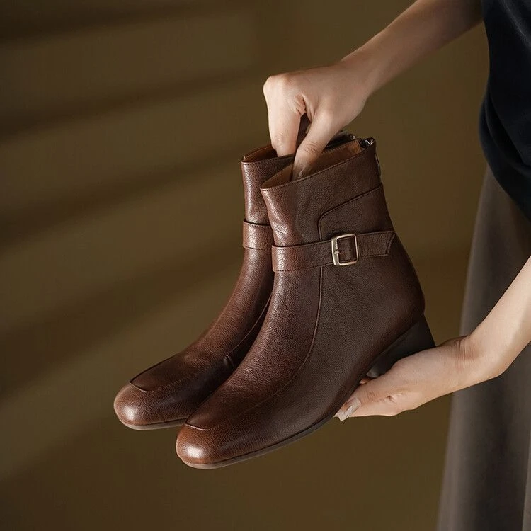 Botines de Mujer de Cuero Genuino Suave con Punta Cuadrada 2026, Ligeros, Marrones, de Talla Grande, con Suela Flexible, Zapatos Casuales de Otoño