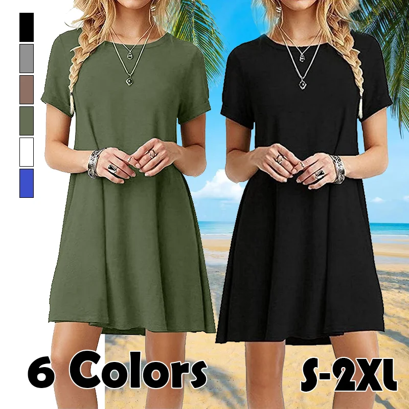 

Summer Women Casual O Neck Short Sleeve Solid Color Mini Dress Boho Beach Sundress Loose Dress 2024 NEW Womens Clothes