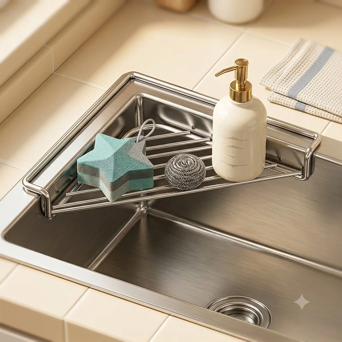 Stainless Steel Triangle Sink Caddy Rack Kitchen Sponge Dishcloth Drain Holder Space Saving Sink Edge Storage Organizer