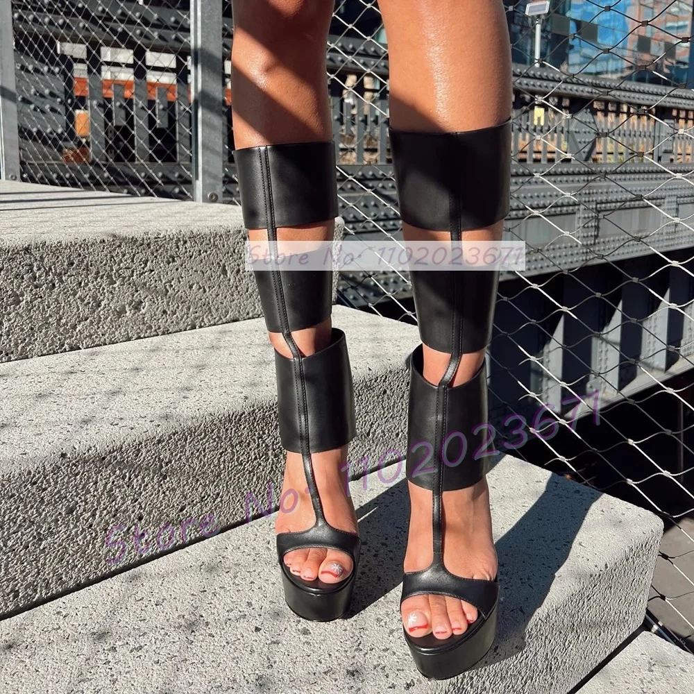 Caged Platform Tall Sandal Boots Women Chic T-strap Gladiator Open Toe Sandals Ladies Classy Back Zipper Summer Cutout Sandals