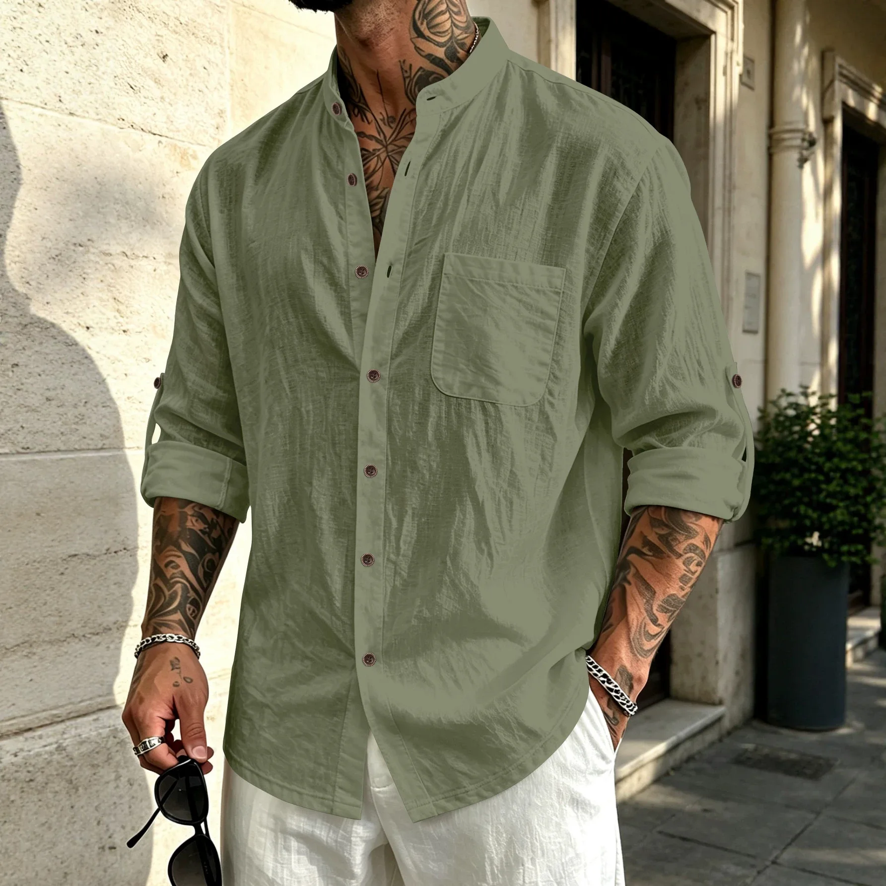 Men 95% Linen Stand Collar Shirt Long Sleeve Roll‑Up Sleeve Button Down Shirt With Pocket Casual Breathable Beach Shirts For Men