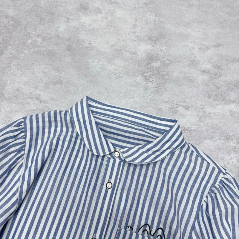 Camicia a righe con gattino ricamato giapponese Johnature per l'estate Nuova camicia da donna versatile allentata con risvolto casual