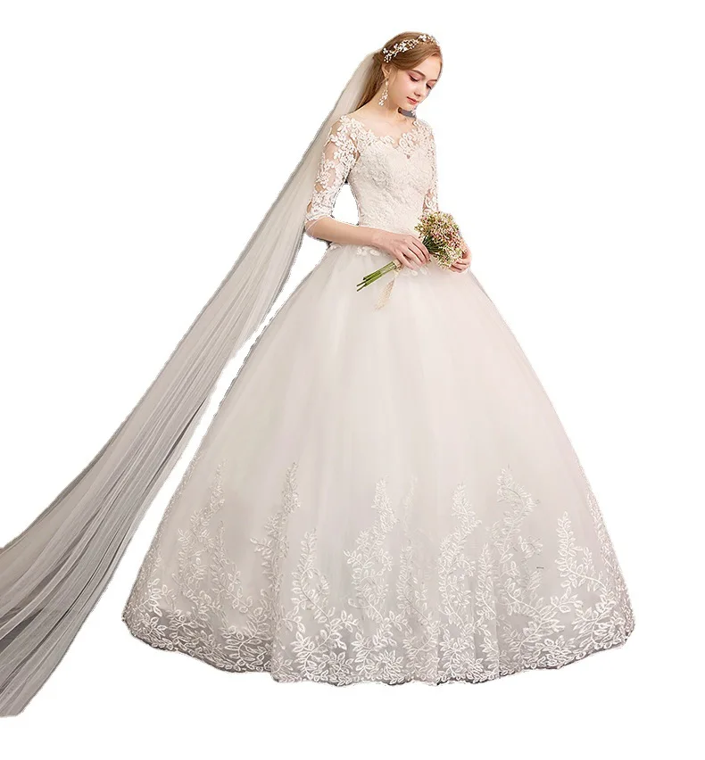 Affascinanti Appliques pizzo bianco puro abiti da sposa elegante scollo a barca abito da sposa Classic Robe De Mariée maniche a tre quarti