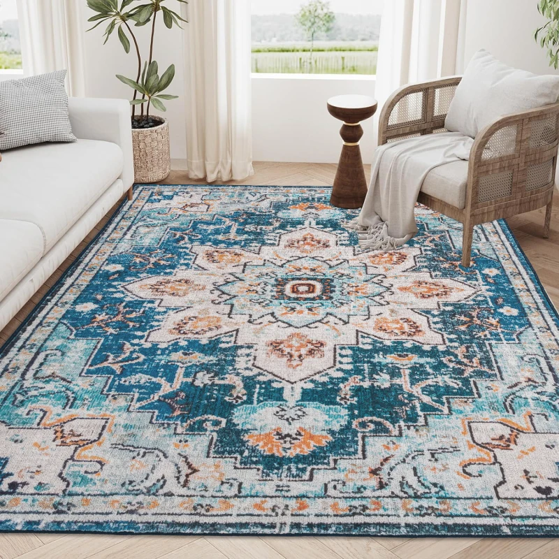 

Area Rug 6x9 Vintage Bohemia Large Persian Non-slip Washable Rug For Living Room Kitchen Bedroom Living Room Flower Design Blue/