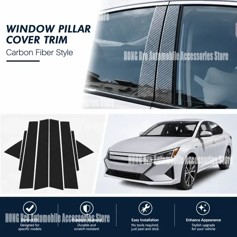 For Hyundai Elantra Avante 2017 2018 2019 Glossy Black Carbon Fiber B C Pillar Post Cover Trim Sticker Window Door Decoration