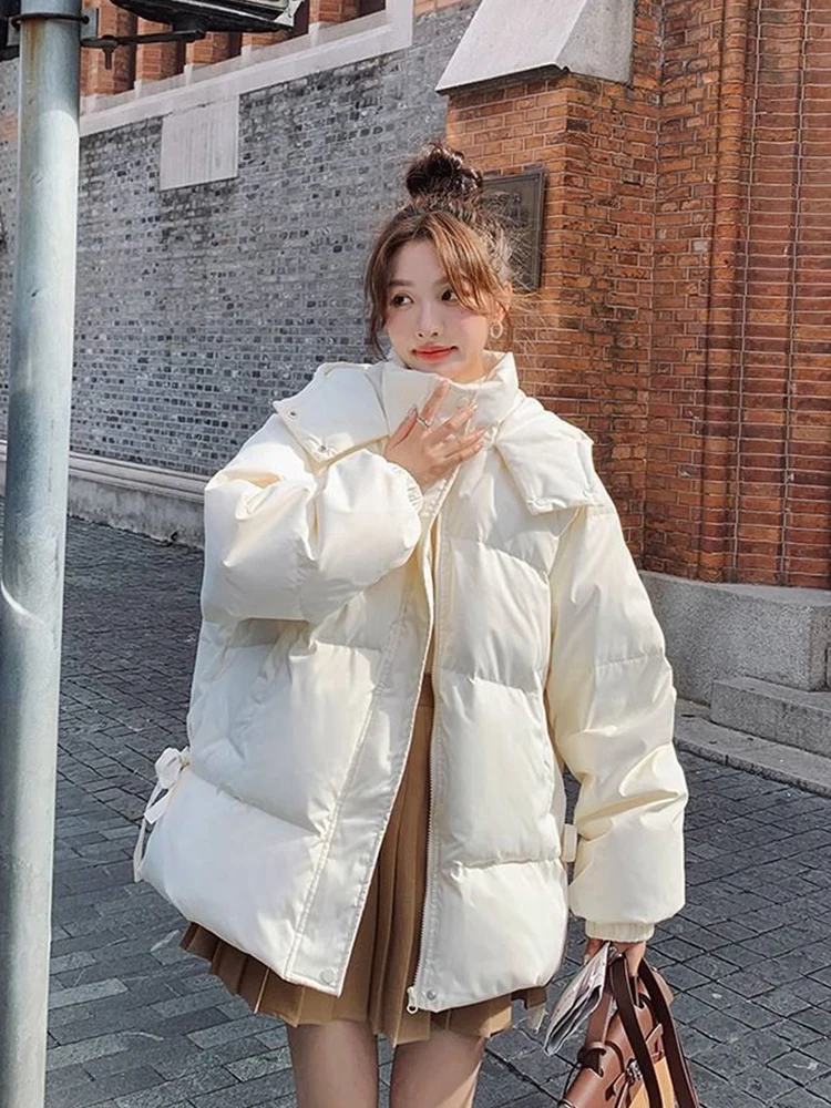 

Preppy Style Sweet Cute Parkas Women Winter Fashion Bow Long Sleeve Puffy Coat Loose Korean Casual Female Loose Hooded Jacket