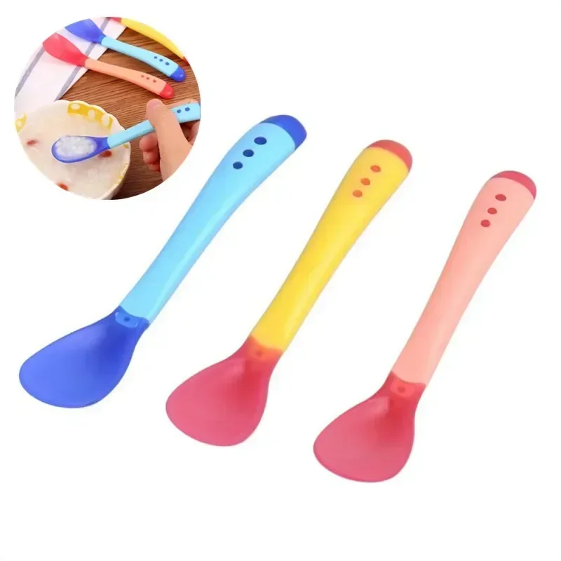 Cucharas de alimentación de bebé de silicona, vajilla, cuchara impermeable, cuchara con detección de temperatura, adecuada para alimentación de niños, cucharas de bebé