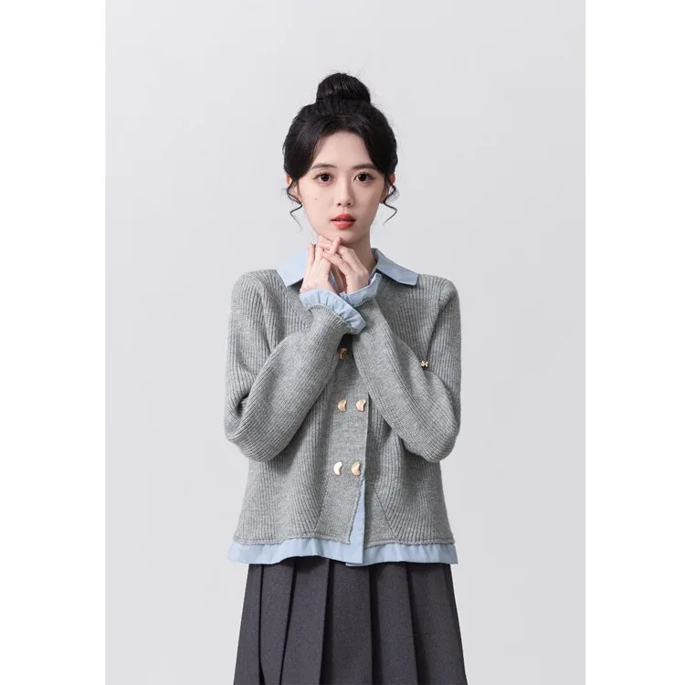 Women Knit Jumpers Patchwork Turn Down Collar Sweater Single Breasted Full Sleeve Sweaters Casual Spliced Cardigan Autumn 2026