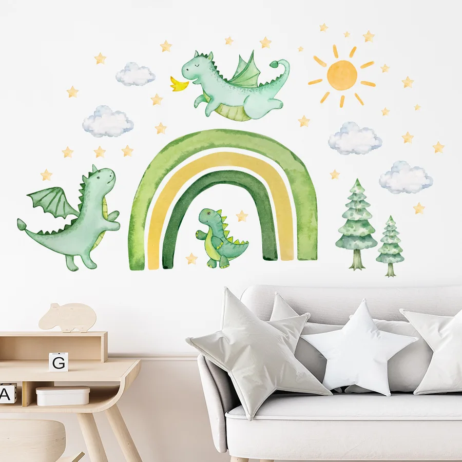 Cartoon Green Rainbow Flying Dragon Wall Stickers Cute Dinosaur Sun Cloud Decals Self-adhesive for Baby Bedroom Boys Room Decor - view 4