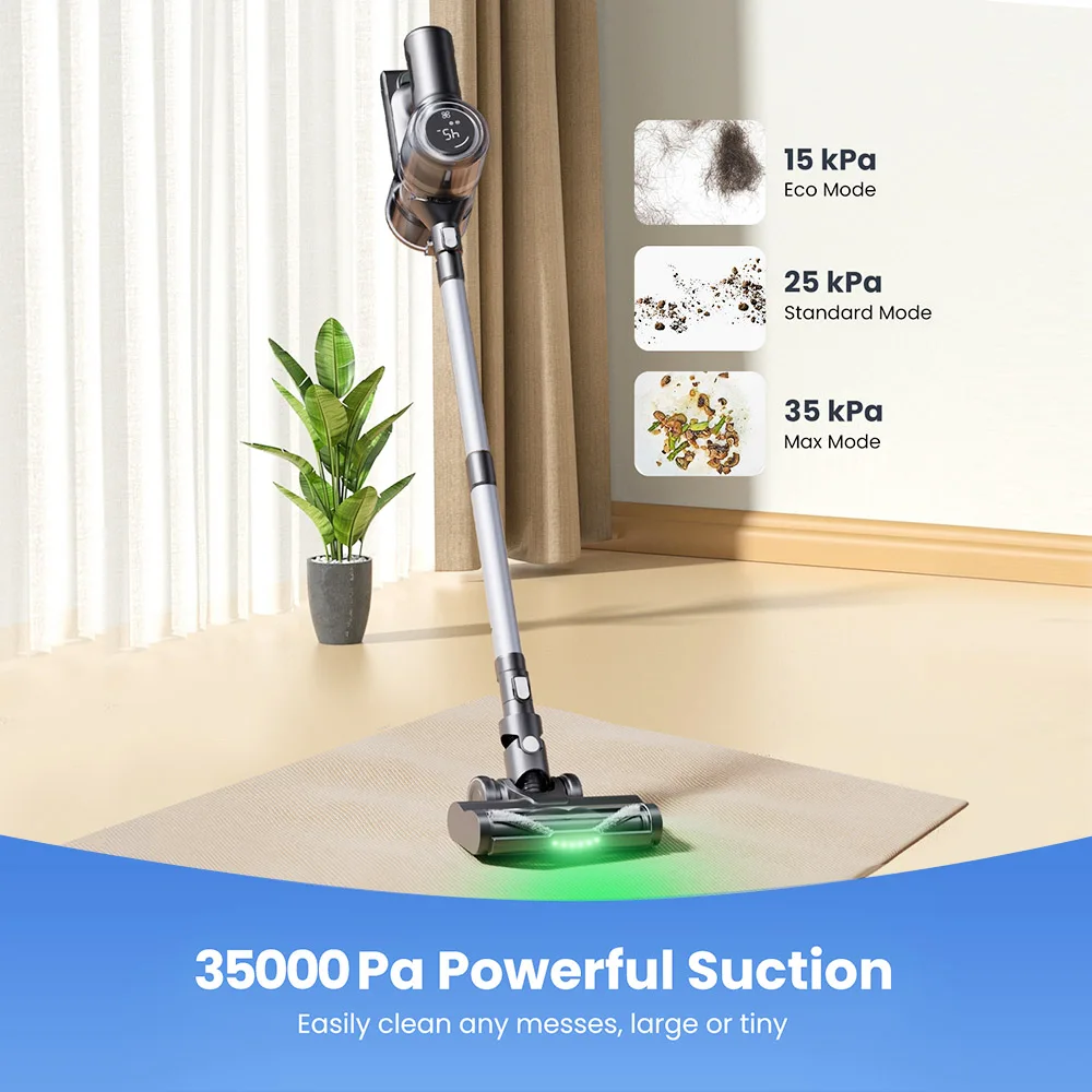 Proscenic P13 Cordless Vacuum Cleaner, 35Kpa Suction, Stick Vacuum with Green Light, LED Display Max 45mins Runtime 1.2L Dustbin