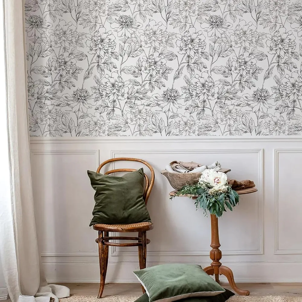 ورق جدران قابل للإزالة بالزهور باللونين الأبيض والأسود، مقاس 17.3 × 800، تصميم الفاوانيا المطلي لسهولة تزيين الجدران