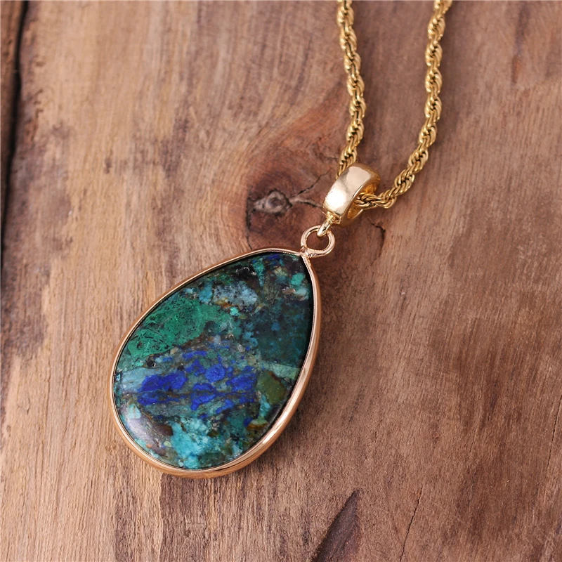 Boho Natural Stone Chrysocolla Teardrop Pendant Necklace Fashion 18k Gold Stainless Steel Chain Jewelry Wholesale Dropshipping