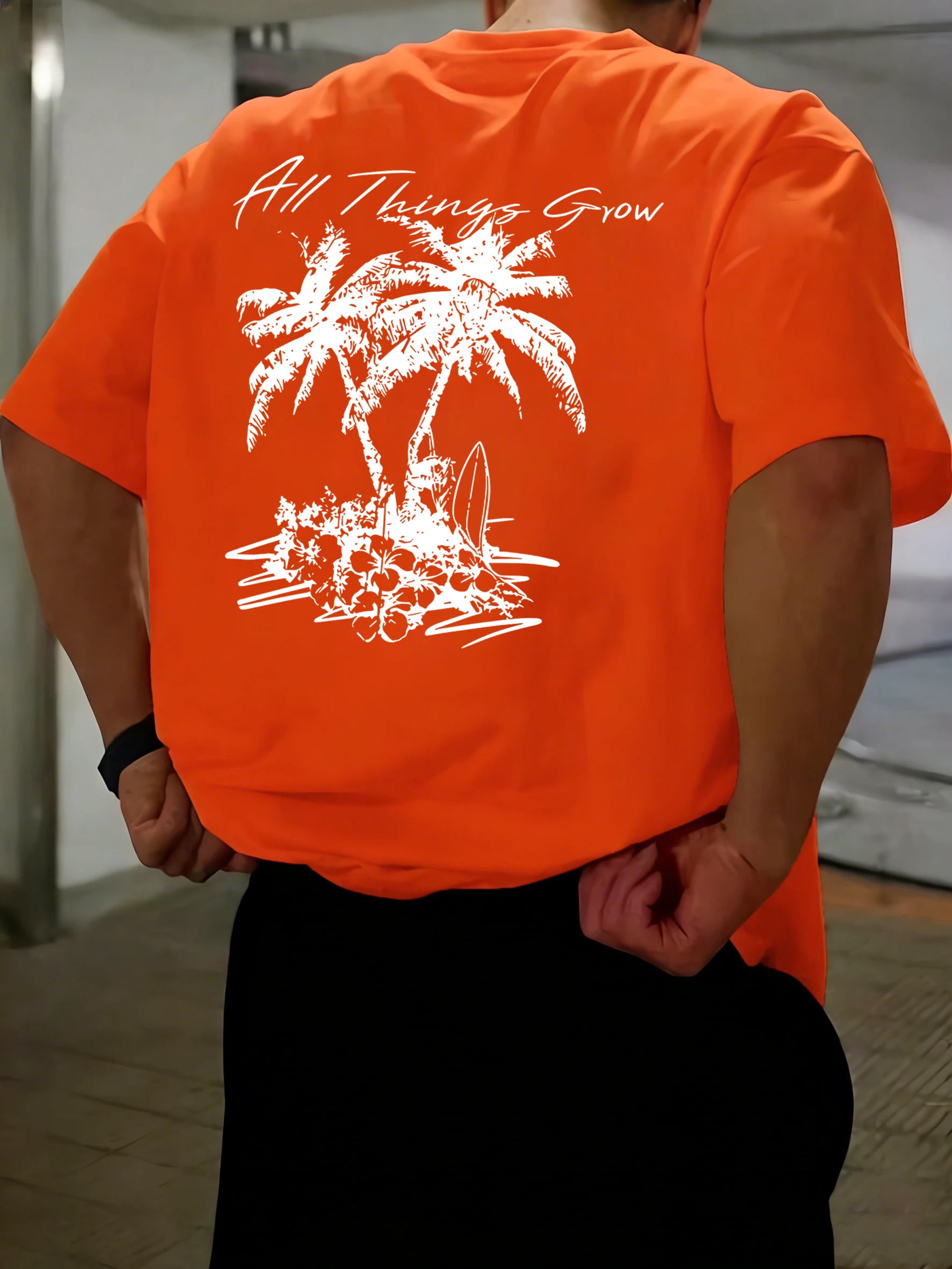 All Things Grow Beach Scence Print Men All-Match T-Shirts Cotton Casual Short Sleeve Summer Loose Tops Sports Street Streetwear