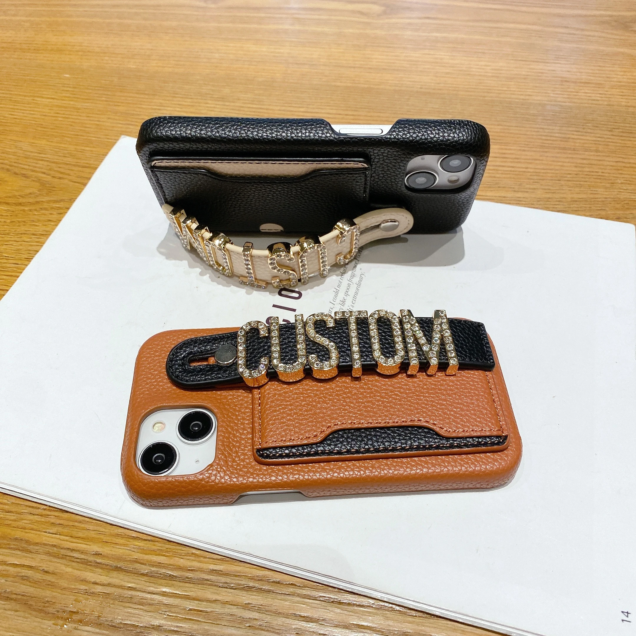 Personalized Letter Name Leather Phone Case For iPhone16 15 14 13 12 11ProMax 16Plus Customized Wristband CardHolder