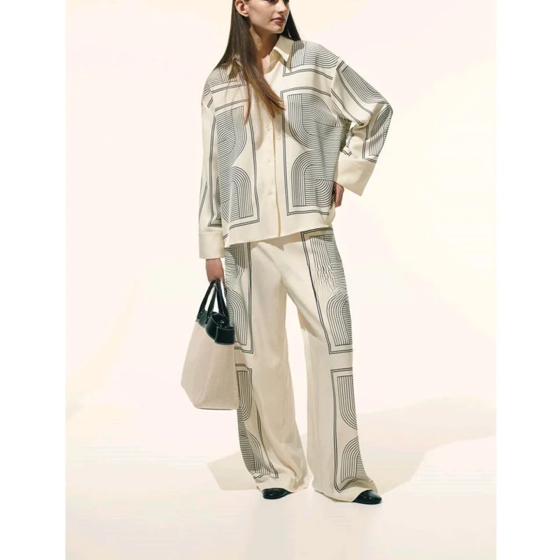 Celana panjang lurus pinggang tinggi bahan campuran linen tenun diagonal motif bunga longgar, set busana wanita premium