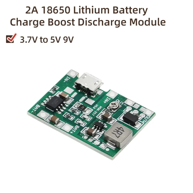 2A 18650 Lithium Battery Charge Boost Discharge Module 3.7V to 5V9V Adjustable Step Up Board Micro USB for Multimeter Modificati
