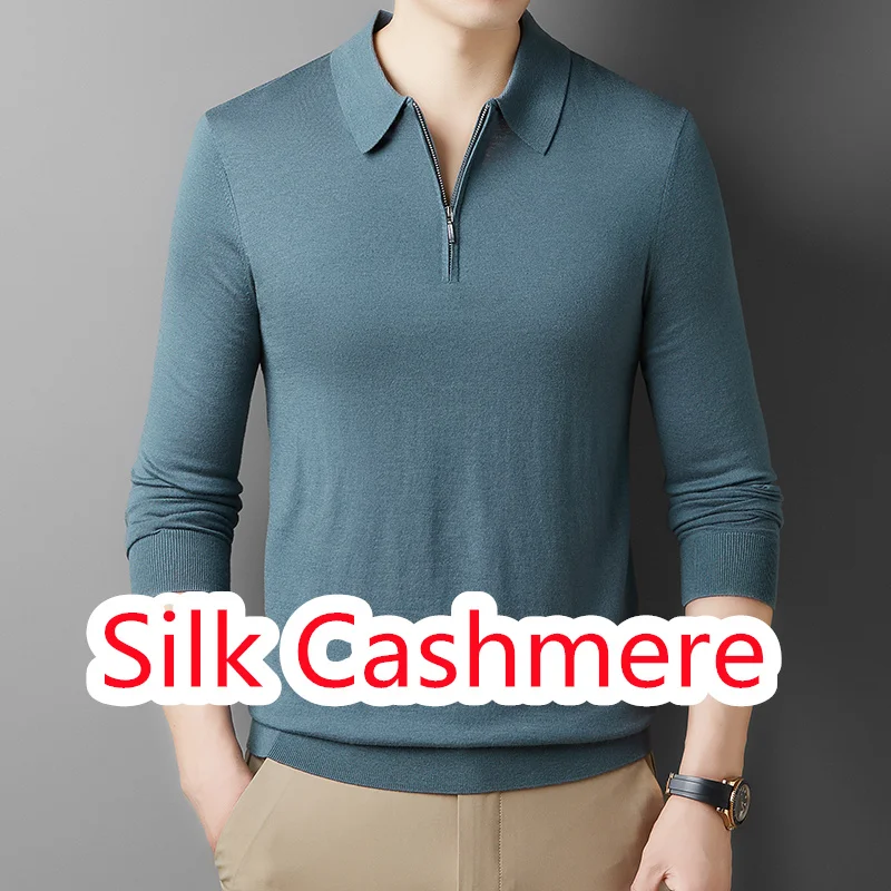 

High Grade Silk Cashmere Tops Men Autumn Classic Turn Down Collar Jumper Long Sleeve Sweater Pullover Zipper Knit Polo Shirts
