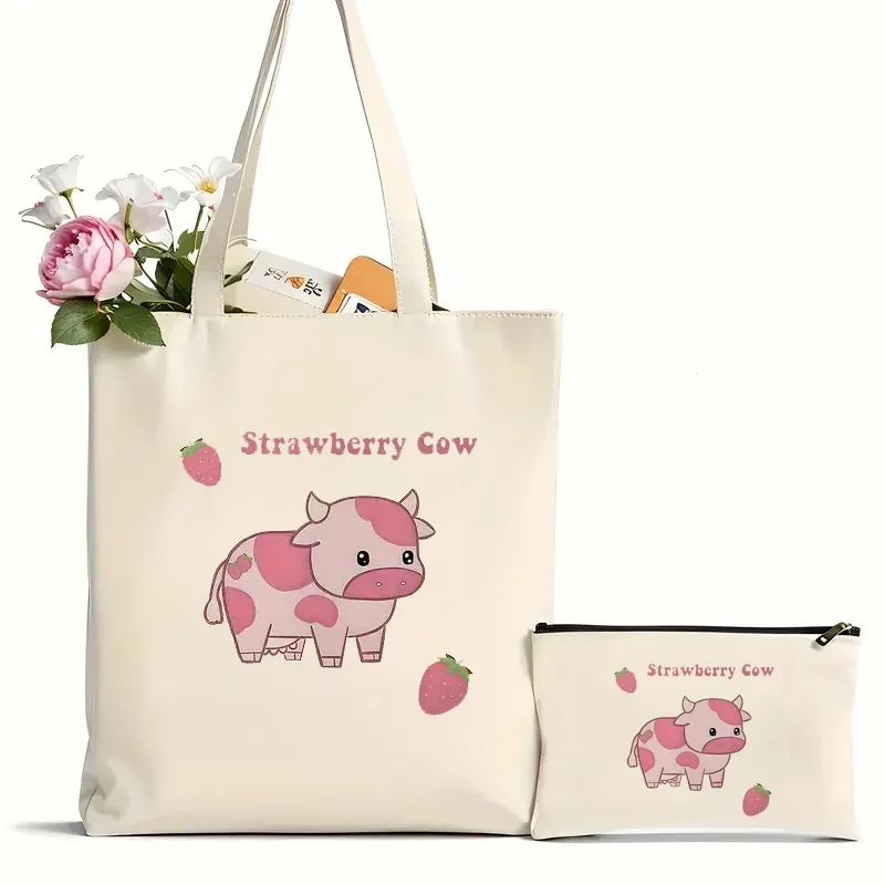 

2Pcs Strawberry Cow Canvas Bag - Ladies Handbag, Shoulder Bag, Tote Bag, Grocery Bag - Large Capacity, Stylish Gift For Mom