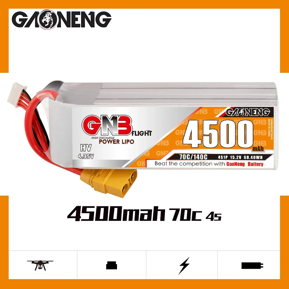 

Gaoneng GNB 4500mAh 4S1P 15.2V 70C/140C Light Weight HV Lipo Battery XT90S Plug For UAV RC Car Boat FPV Drone Helicopter Parts