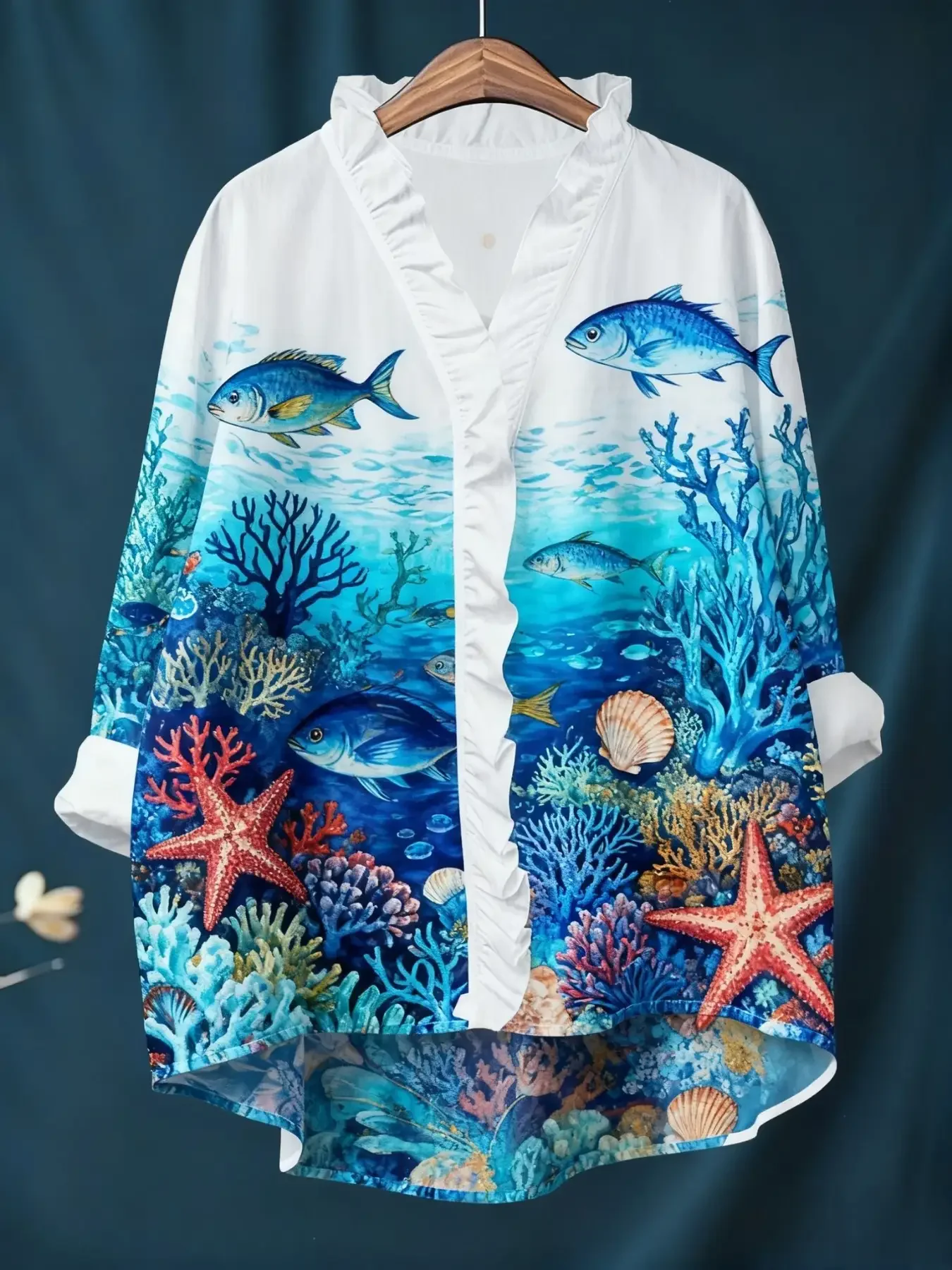 Ladies' printed long sleeved shirt with ruffled neckline, featuring a vintage artistic and Soft and textured to the touch