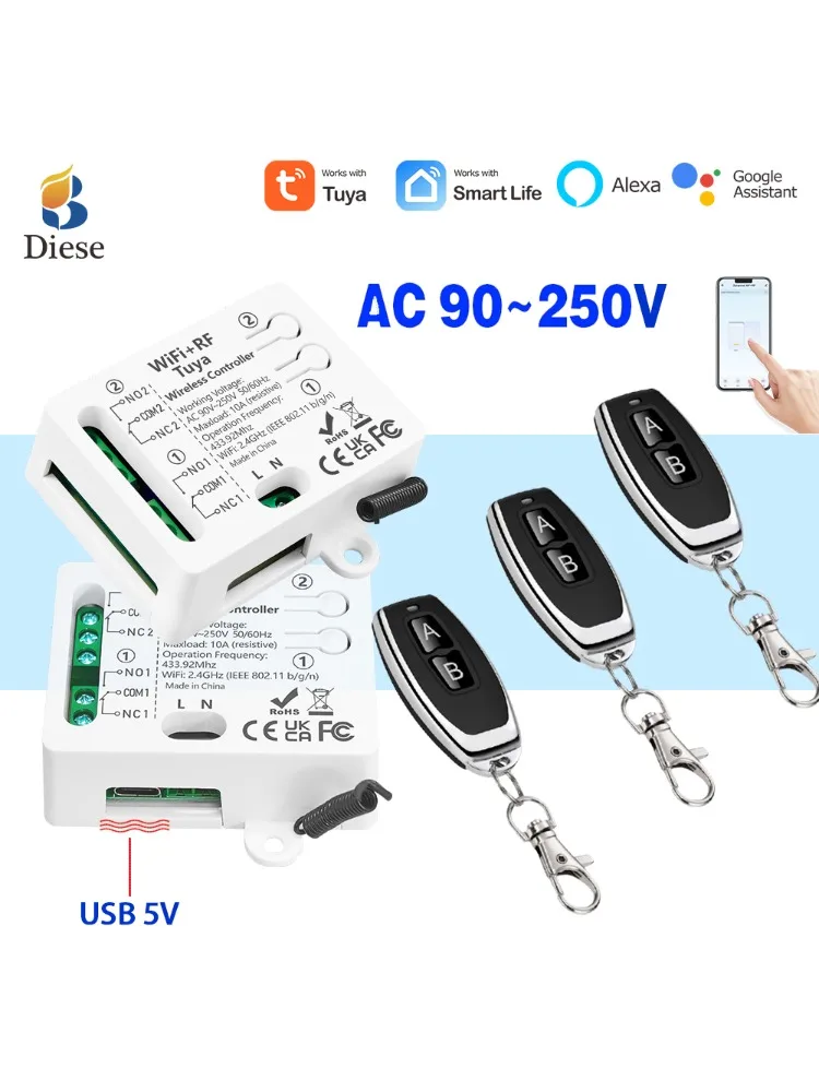 Bezprzewodowy uniwersalny pilot WIFI Tuya 433 MHz, przełącznik AC110V 220V, 2-kanałowy odbiornik przekaźnikowy do drzwi garażowych, bram, zamków i oświetlenia. — zdjęcie produktu 7