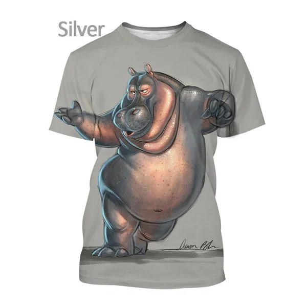 Summer Fashion Personality Hippo 3D Printing T Shirt Hip Hop Rock Casual Animal Short Sleeved Tee Shirts