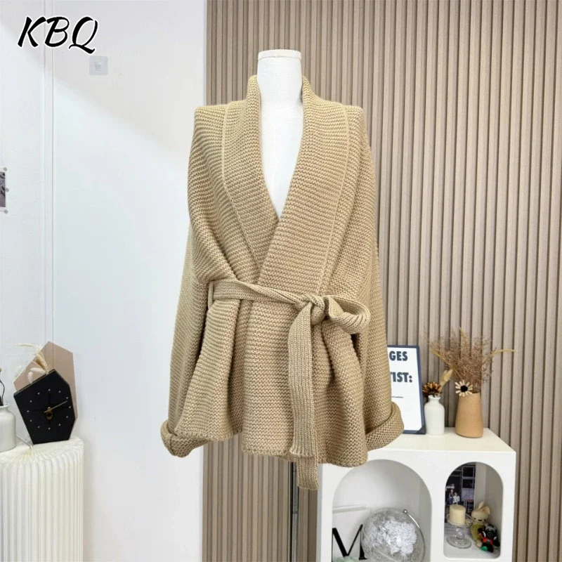 KBQ Minimalist Solid Knitting Cardigan Sweater for Women V Neck Long Sleeve Spliced Lace Up Casual Sweater Female Fashion New