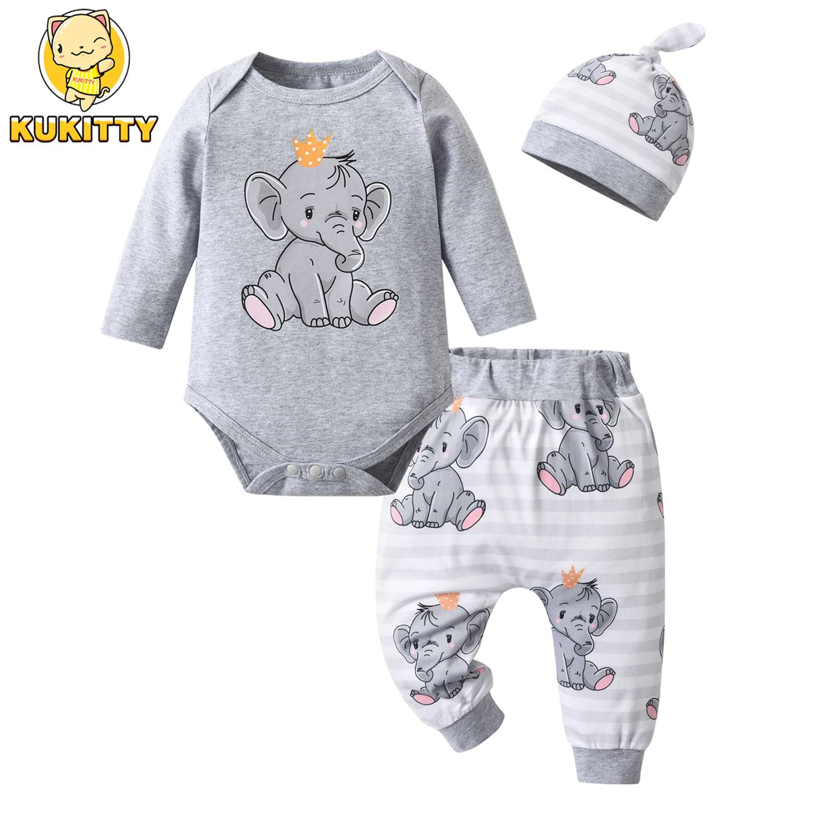 Newborn Baby Boy Baby Elephant Clothes Set Long Sleeve Romper Bodysuit Top and Pants with Hat Spring Autumn Cute Outfit for Boys