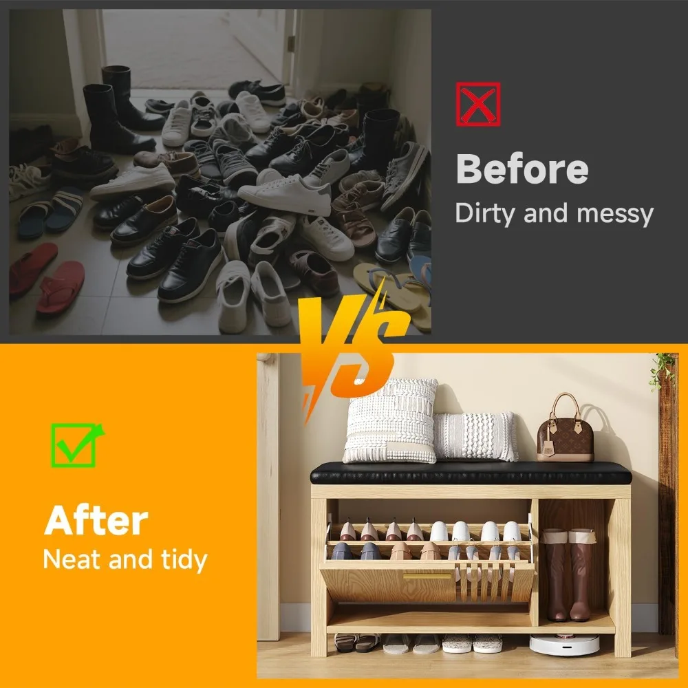 مقعد تخزين قابل للطي مقاس 40 بوصة مع وسادة ورف قابل للتعديل وأبواب شرائحية لتخزين الأحذية في المدخل #5