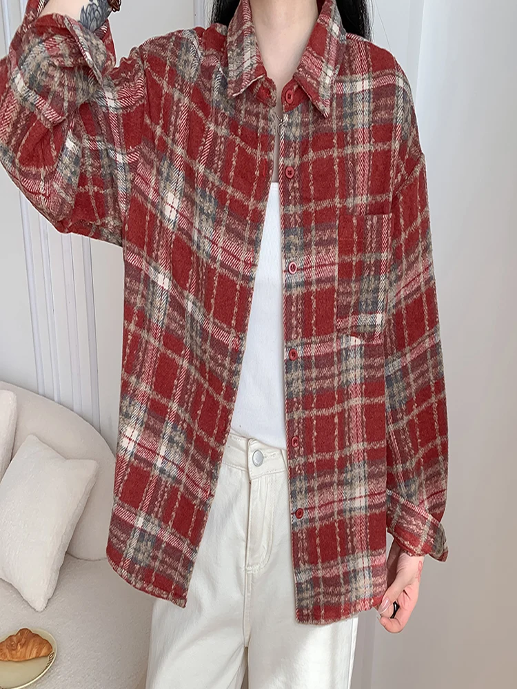 새로운 패션 가을 겨울 캐주얼 루즈 긴 소매 여성 체크 셔츠, 빈티지 여성 스트리트웨어 코트, 여성 의류, 시크 탑스