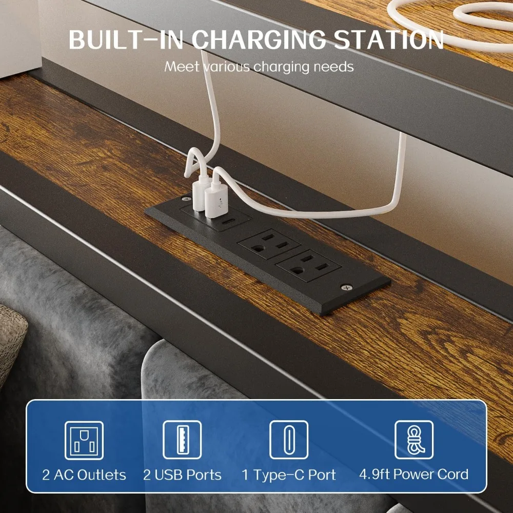 إطار سرير بمنصة مزدوجة الحجم منجد باللون الرمادي مع أضواء LED، وأرفف تخزين من طبقتين، ومحطة شحن، ونعل نوم خالٍ من الضوضاء