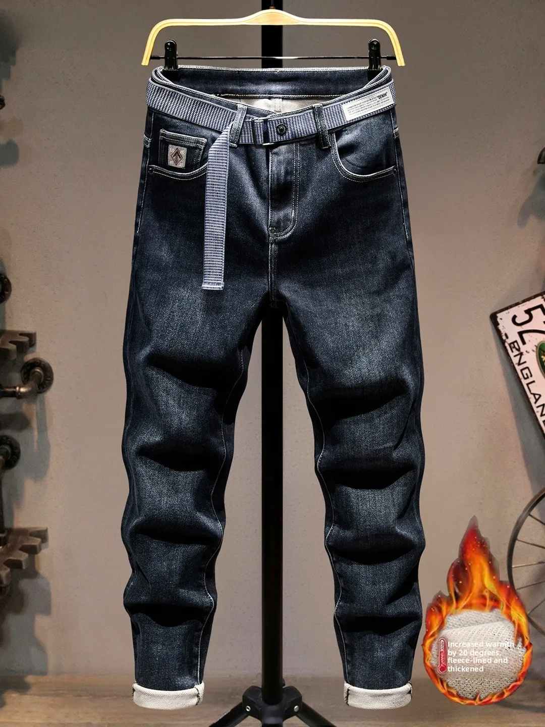 

Мужские джинсы с флисовой подкладкой, темно-синие, эластичные, облегающие, повседневные, молодежные, универсальные, осенне-зимние, теплые, из хлопкового денима