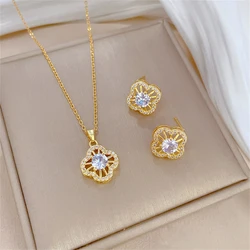 Boho Four Leaf Flower Zircon Pendant Necklace Jewelry Sets Luxury Crystal Stud Earrings For Women Party Gift