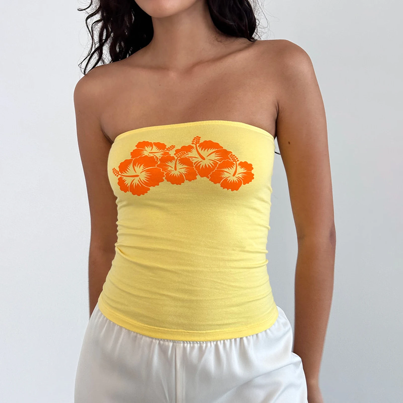 Hirigin เสื้อแขนกุดเปิดไหล่ไม่มีสายรัด Sablon Bunga Y2k, เสื้อครอปเปิดไหล่เปิดไหล่สำหรับใส่ไปทะเลฤดูร้อน