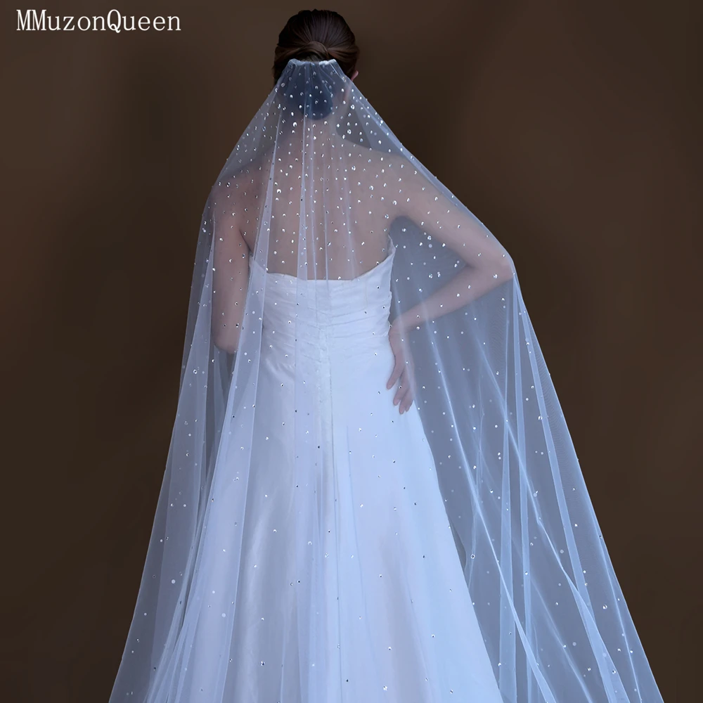 Véu de Noiva TOPQUEEN com Strass, 3m de Comprimento, Acessório de Casamento Catedral com Pente, Véu de Noivas Brilhante Personalizável M116
